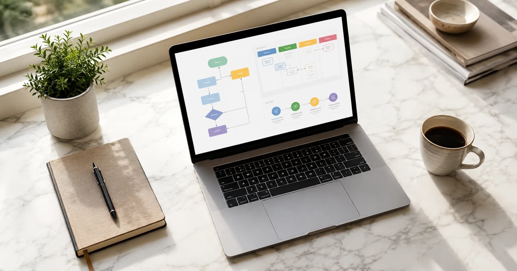 A business owner reviewing AI automation dashboards on a laptop in a modern office, representing smarter business operations through artificial intelligence."
